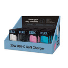 Pack expositor KSIX con 20 cargadores GaN 20 W USB-C PD y PPS en 4 colores