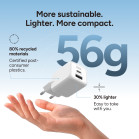 KSIX 20W Wall Charger, GaN, PPS, Power Delivery, Sustainable materials, (1 x USB-C + 1 x USB-A), White