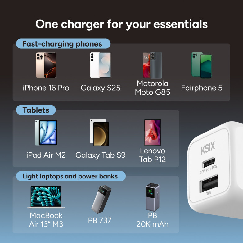 KSIX 30W Wall Charger, GaN, PPS,...