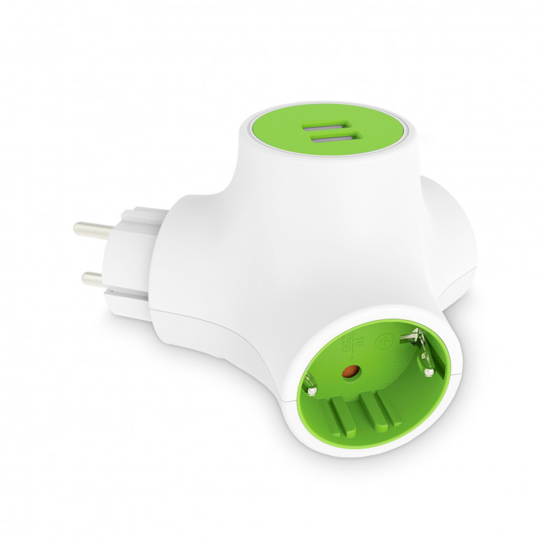 Enchufe modular combinable Molecule Ksix, 2 tomas de corriente, 2 puertos USB-A, obturador de seguridad, verde
