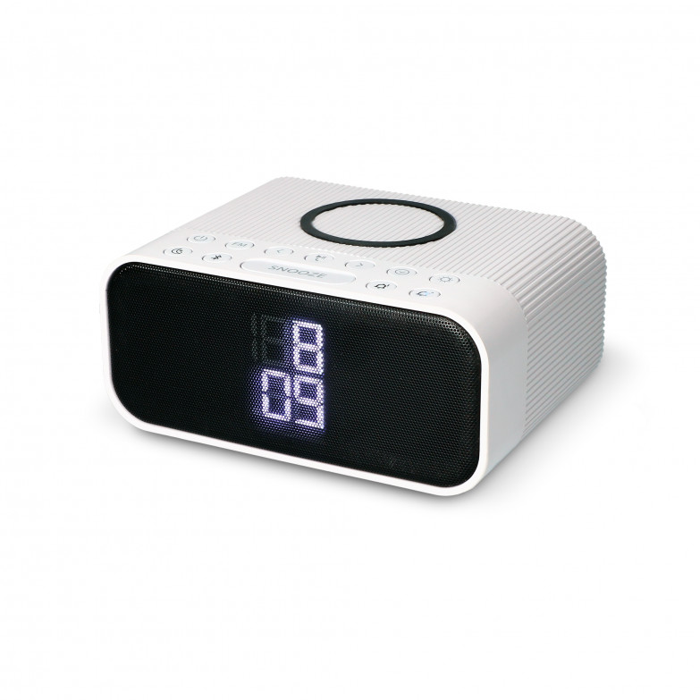 Despertador cargador inalámbrico Ksix 10W, Tec. Qi, Altavoz Bluetooth, Radio FM, 2 Alarmas, 3 intensidades luz, Blanco
