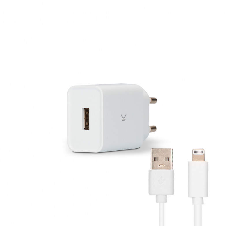 Cargador de red Ksix 12 W, Made for iPhone, Puerto USB-A + Cable USB-A a Lightning  1 m, Blanco