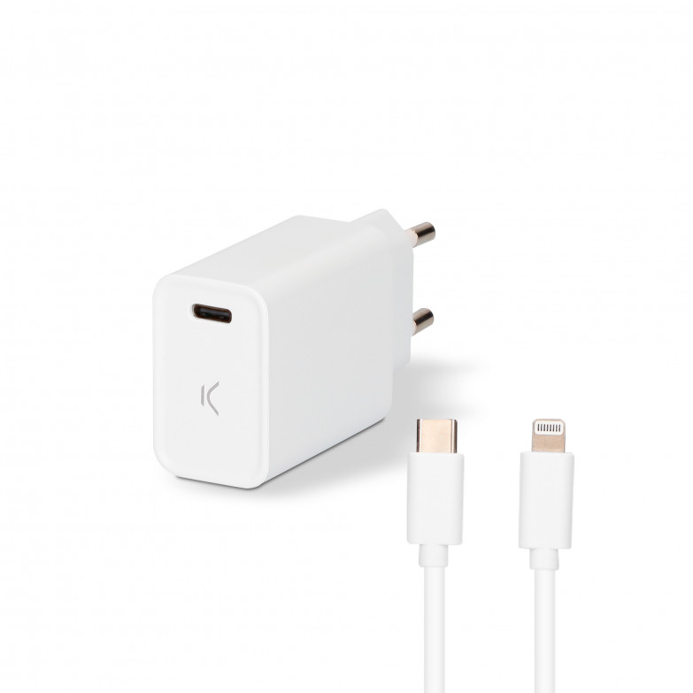 Cargador de red Ksix 20 W, PPS, Power Delivery, Made for iPhone, Carga rápida, USB-C + Cable USB-C a Lightning 1 m, Blanco