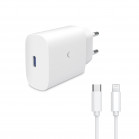 Cargador de red KSIX GaN 30 W, PPS, Power Delivery, Carga ultra rápida, USB-C + Cable USB-C a Lightning 1 m, Blanco