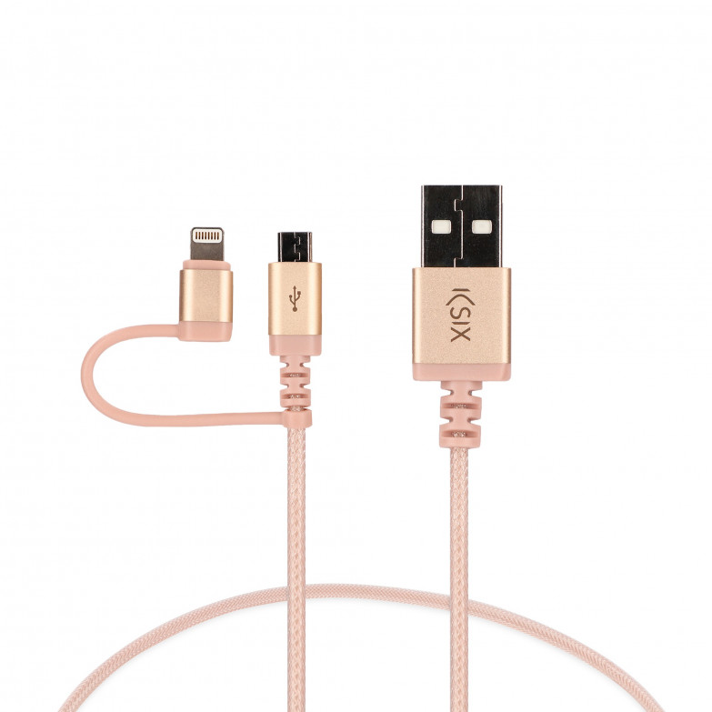 Cable de carga y datos USB-A a Lightning + Micro-USB Ksix, Made For iPhone, Metalizado, 1 m, Dorado