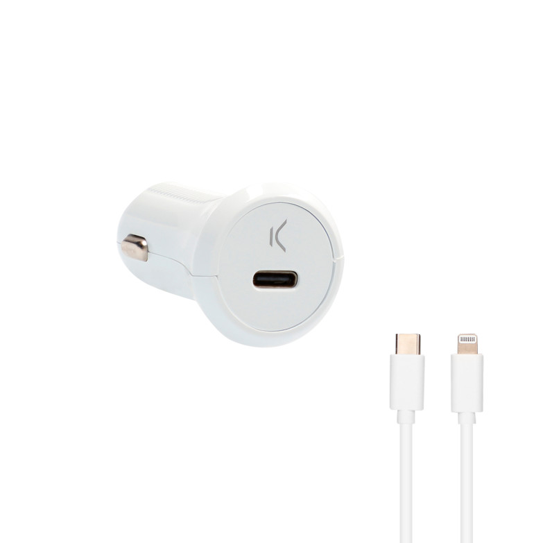 Cargador de coche Ksix, 18W, Carga rápida, Power Delivery + cable Made for iPhone USB-C a Lightning, Blanco