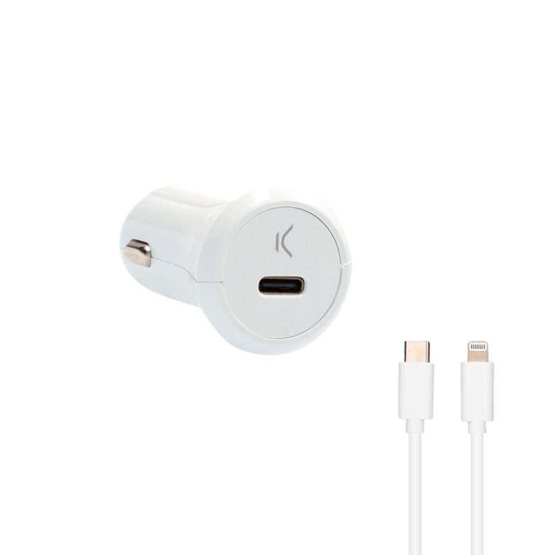 Ksix Car Charger, 18W, Fast Charging, Power Delivery + Cable USB-C to Lightning Made for iPhone, White