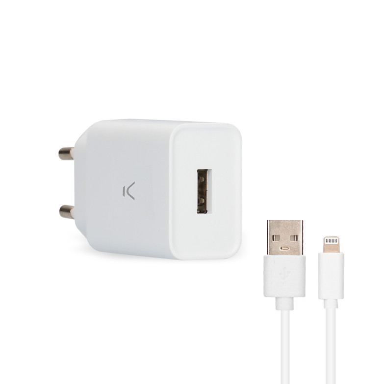 Cargador de red Ksix 12 W, Made for iPhone, Puerto USB-A + Cable USB-A a Lightning 1 m, Blanco