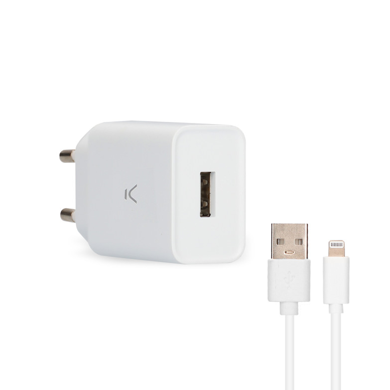 KSIX 12W wall charger, Made for iPhone, USB-A port + 1 m USB-A to Lightning cable, White