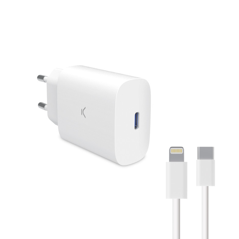 Ksix GaN 30 W wall charger, PPS, Power Delivery, Ultra fast charge, USB-C + 1 m USB-C to Lightning cable, White