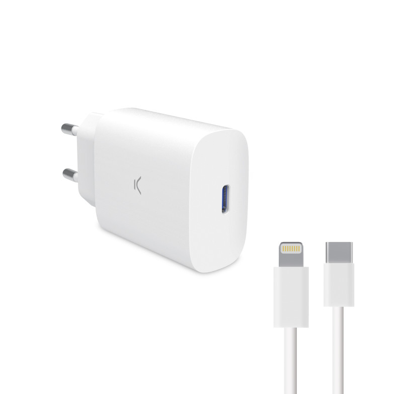 KSIX GaN 30W wall charger, PPS, Power Delivery, Ultra fast charge, USB-C + 1 m USB-C to Lightning cable, White