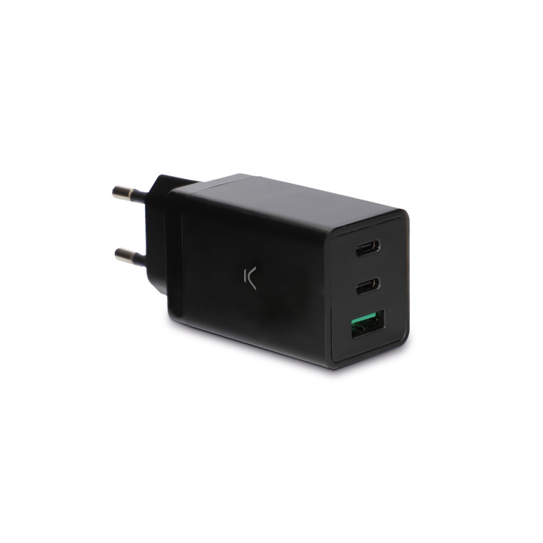 Cargador de red Ksix GaN 67 W, PPS, Power Delivery, Carga ultra rápida, Multipuerto 2 x USB-C + 1 x USB-A, Negro