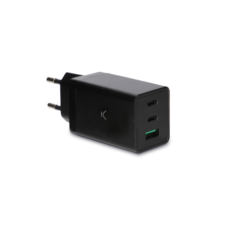 Ksix 67 W GaN wall charger, PPS, Power Delivery, Ultra fast charge, Multiport 2 x USB-C + 1 x USB-A, Black