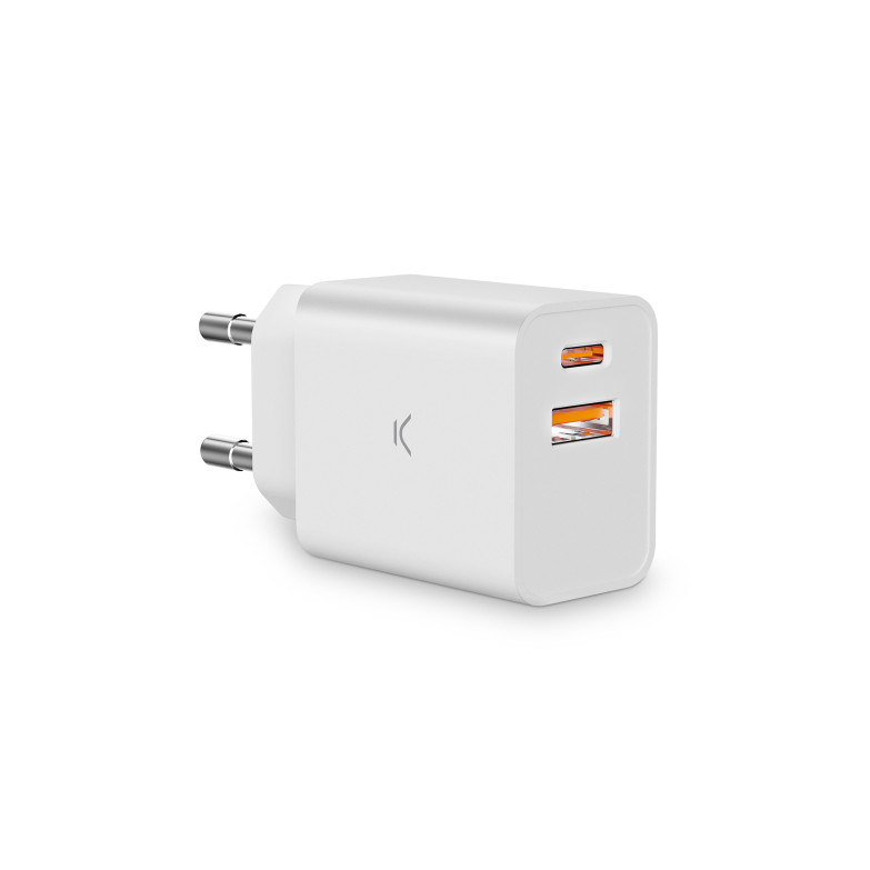 Ksix 20 W wall charger, PPS, Power Delivery, Fast charge, Multiport 1 x USB-C + 1 x USB-A, White