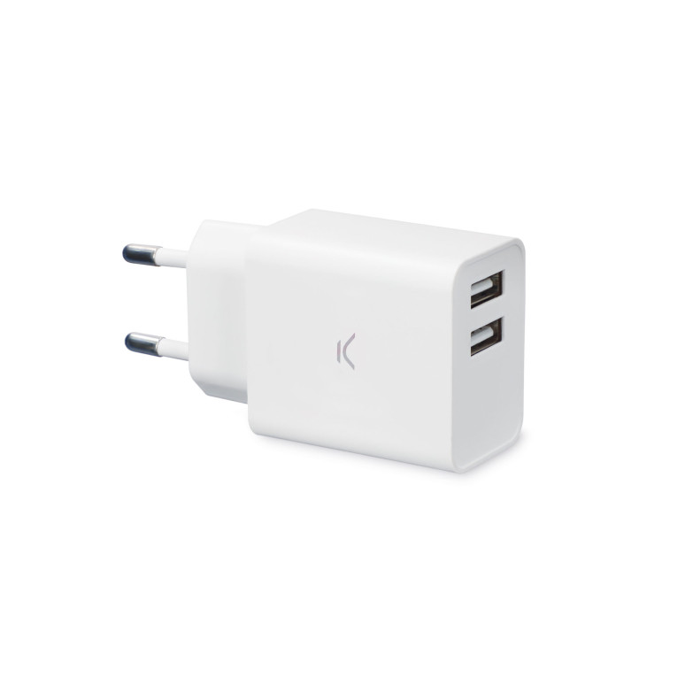 Cargador de red Ksix 12 W, Multipuerto 2 x USB-A, Blanco