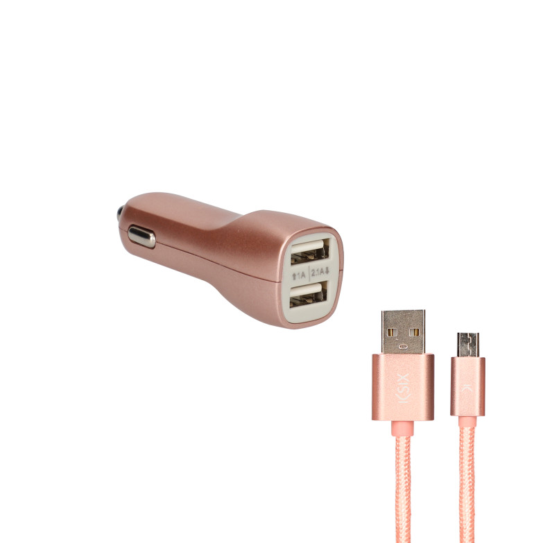 Contact car charger, 10W, 2 outputs, USB + USB A - USB C cable, Rose gold