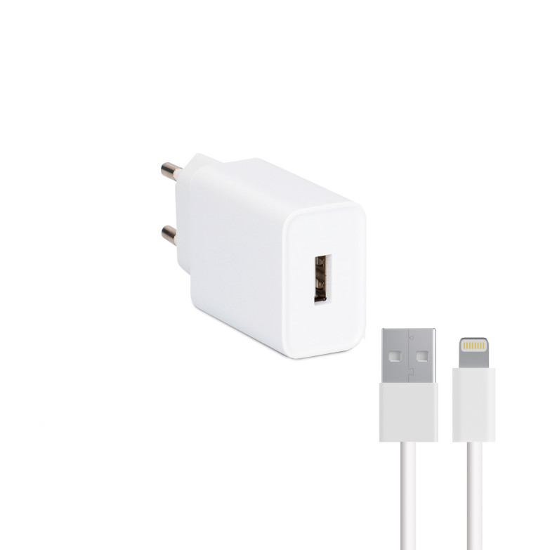Cargador de red Contact 10 W, USB-A, Made for iPhone + Cable USB-A a Ligthning, 1 m, Blanco