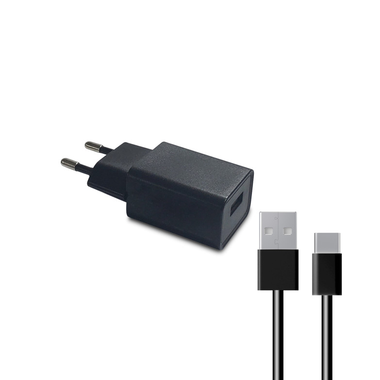 Contact 10 W wall charger, USB-A + 1 m USB-A to USB-C cable, Black