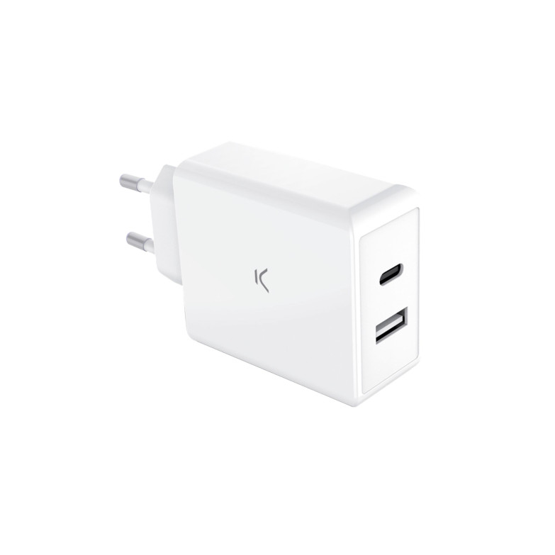 Cargador de red Ksix GaN 65 W, PPS, Power Delivery, Carga ultra rápida, Compatible portátil y móvil, 1xUSB-A + 1xUSB-C, Blanco