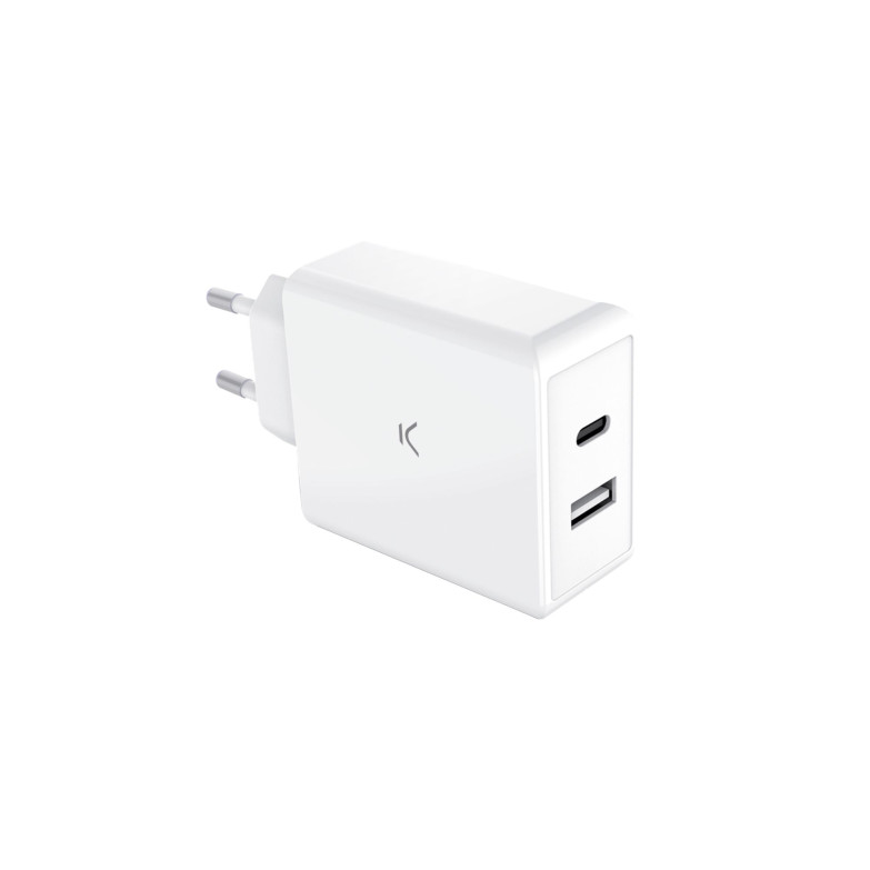 Cargador de red Ksix GaN 45 W, PPS, Power Delivery, Carga ultra rápida, Compatible portátil y móvil, 1xUSB-A + 1xUSB-C, Blanco