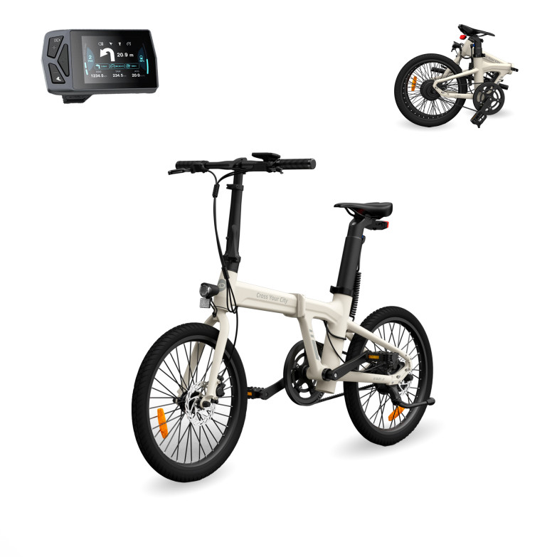 Bicicleta eléctrica plegable Xiaomi ADO A20 Air, App, Aut 100km, Correa carbono, Frenos hidráulicos, Pantalla IPX7 IPS, Blanco