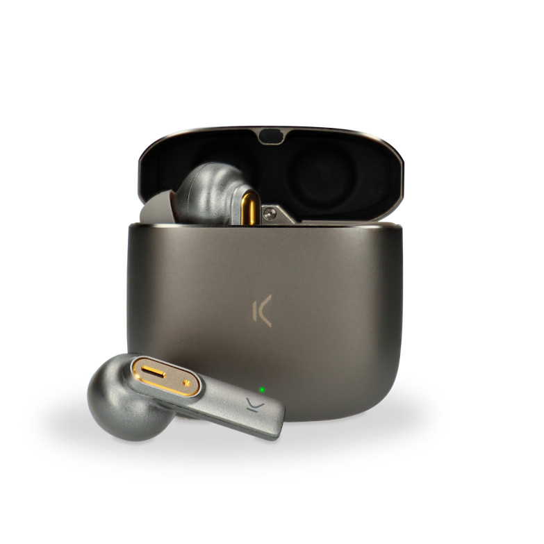 Auriculares inalámbricos Ksix Spark, Estuche metálico, Autonomía 7+20 h, Control táctil, Asistentes de voz, Llamadas, Gris