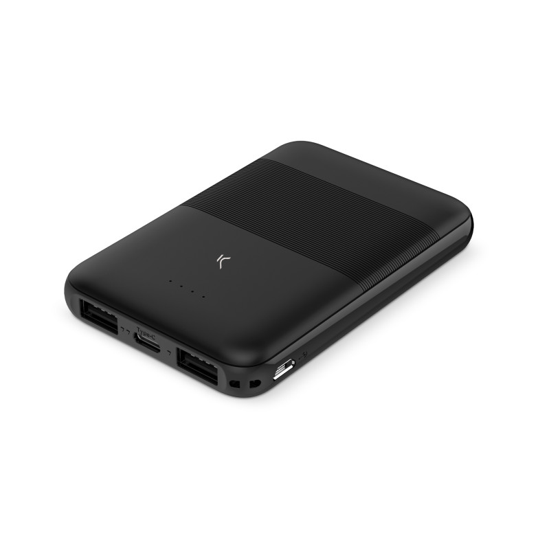 Powerbank Ksix Slim 5.000 mAh, Polímero de litio, 10 W, Cable USB-A a USB-C incluido, Carga simultánea, Negro