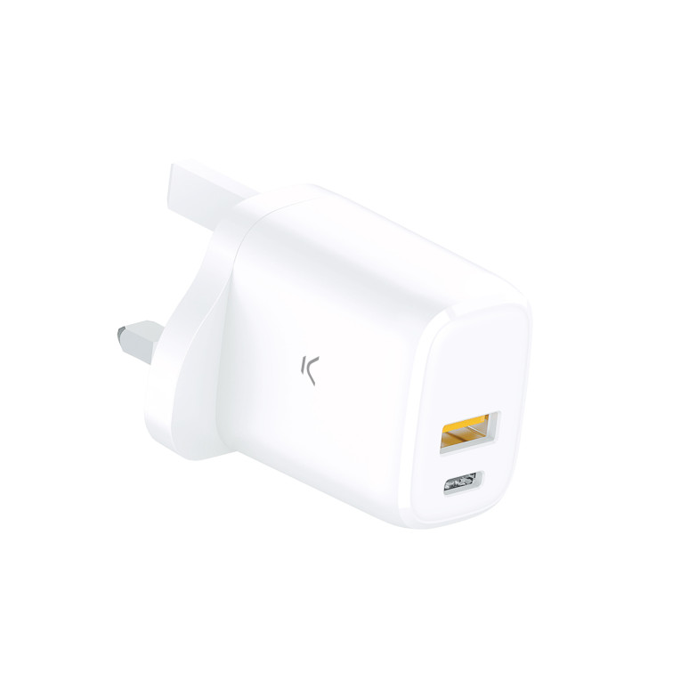 Cargador de red Ksix GaN 20 W, PPS, Power Delivery, Carga rápida, Multipuerto 1 x USB-C + 1 x USB-A, Blanco