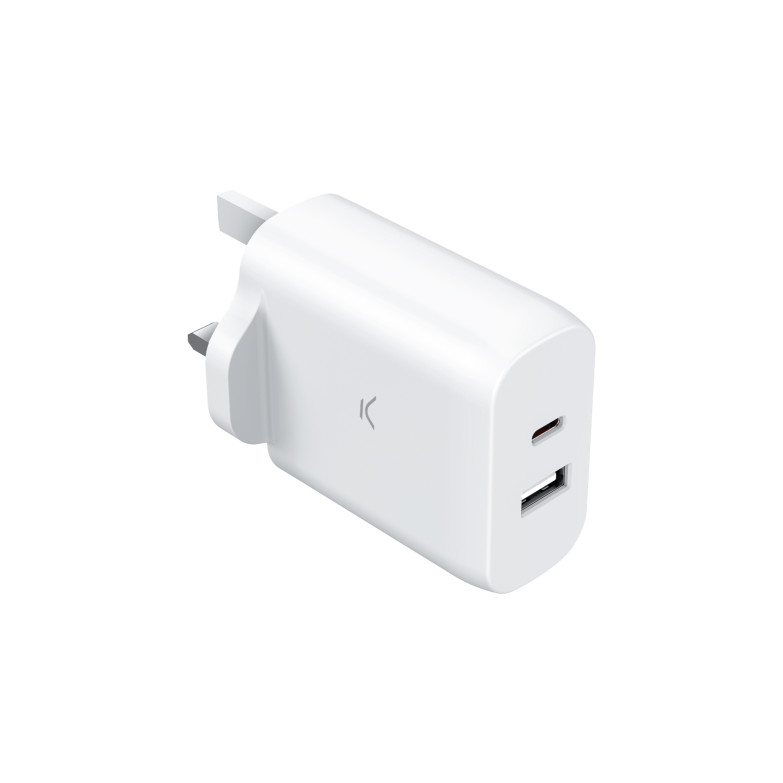 Cargador de red Ksix GaN 45 W, PPS, Power Delivery, Carga ultra rápida, Multipuerto 1 x USB-C + 1 x USB-A, Blanco