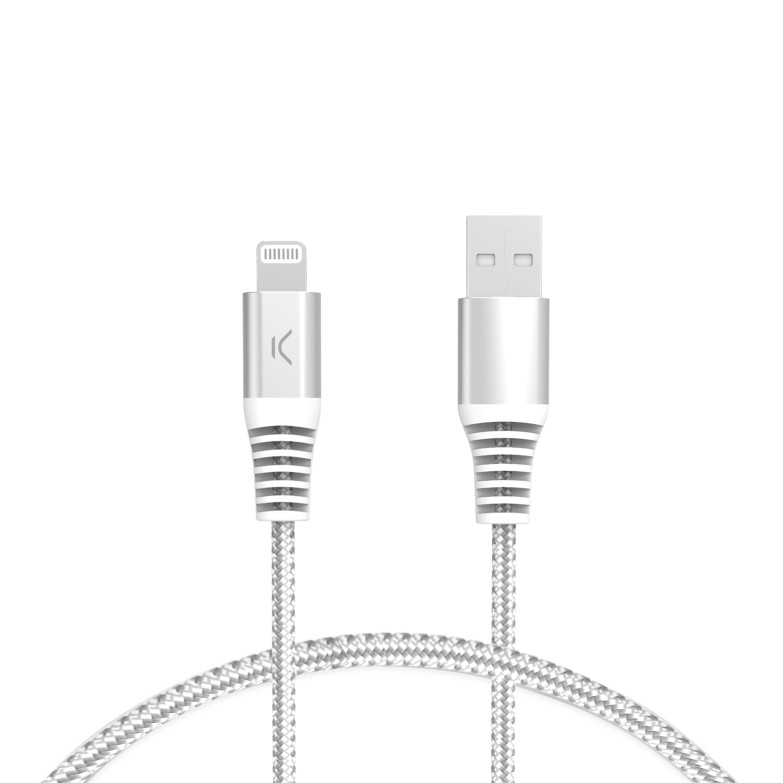Cable de carga y datos USB-A a Lightning Ksix 12 W, Made For iPhone, Trenzado, Cubiertas reforzadas, 1 m, Blanco