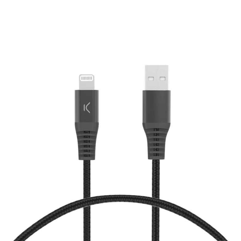 Cable de carga y datos USB-A a Lightning Ksix 12 W, Made For iPhone, Trenzado, Cubiertas reforzadas, 2 m, Negro