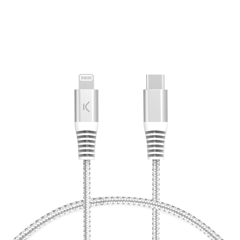Cable de carga y datos USB-C a Lightning Ksix 60W, Made For iPhone, Power Delivery, Carga ultra rápida, Trenzado, 2 m, Blanco