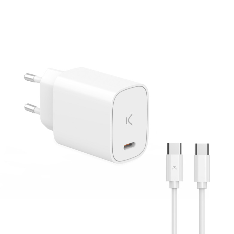 Cargador de red Ksix 20 W, Power Delivery, Carga ultra rápida, USB-C + Cable USB-C a USB-C 1 m, Blanco