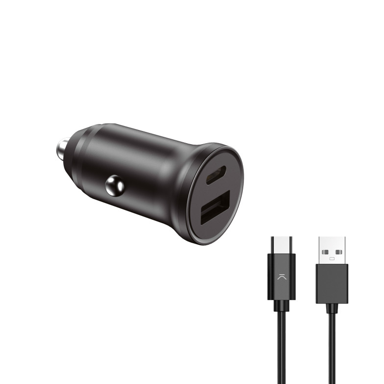 Cargador de coche Ksix 20W, Carga rápida, Power Delivery, Multipuerto 1 x USB-C + 1 x USB-A + Cable USB-A  a USB-C 1 m, Negro