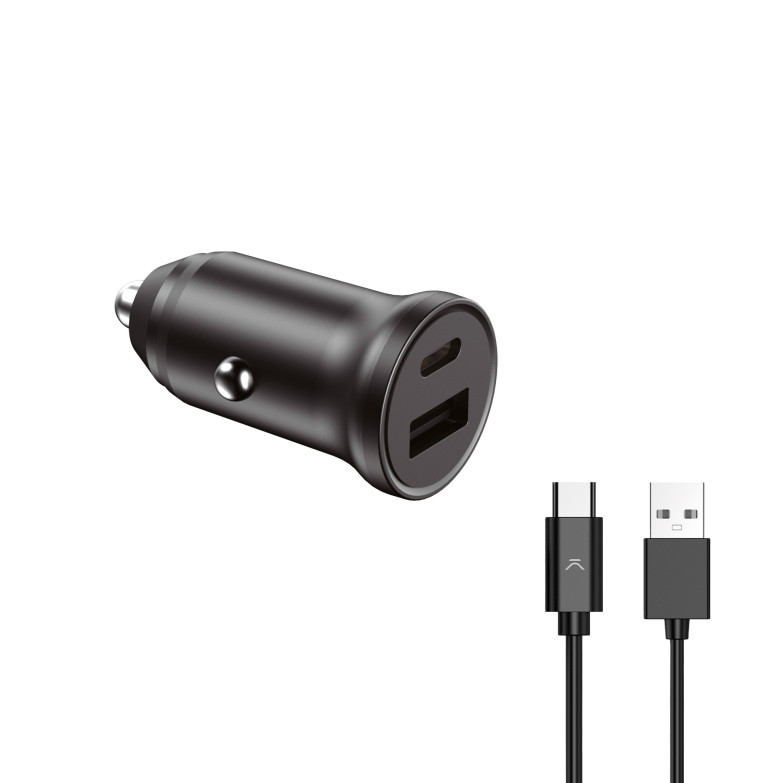 Ksix car charger, 20 W, Fast Charge, Power Delivery, Multiport 1 x USB-A + 1 x USB-C + 1 m USB-A to USB-C cable, Black