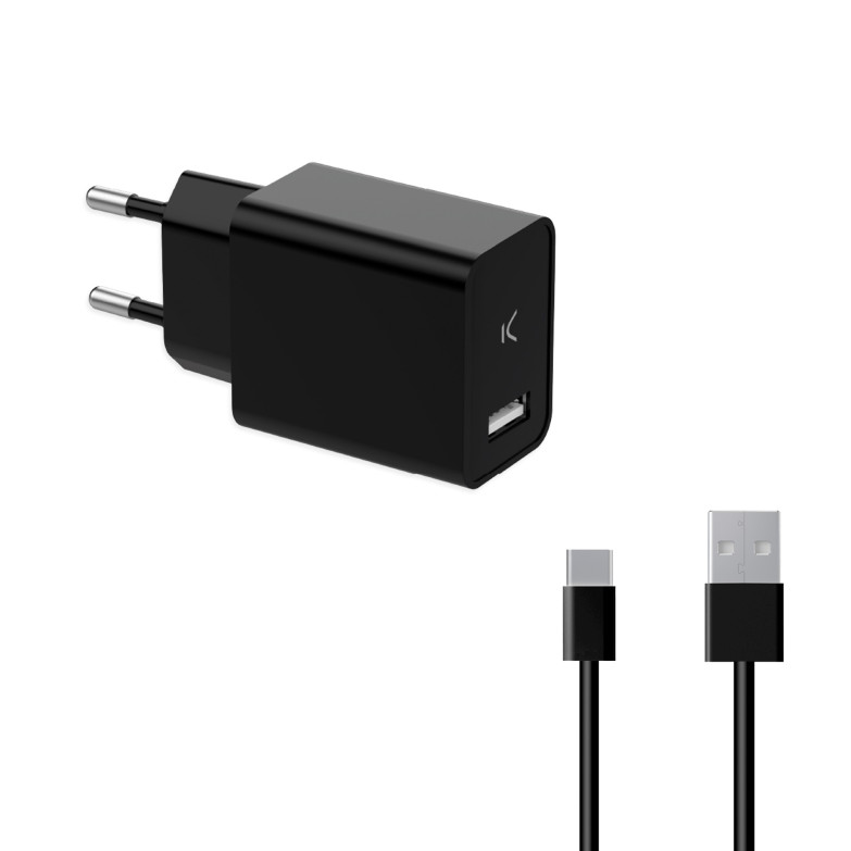 Ksix 12 W wall charger, USB-A, + 1 m USB-A to USB-C cable, Black