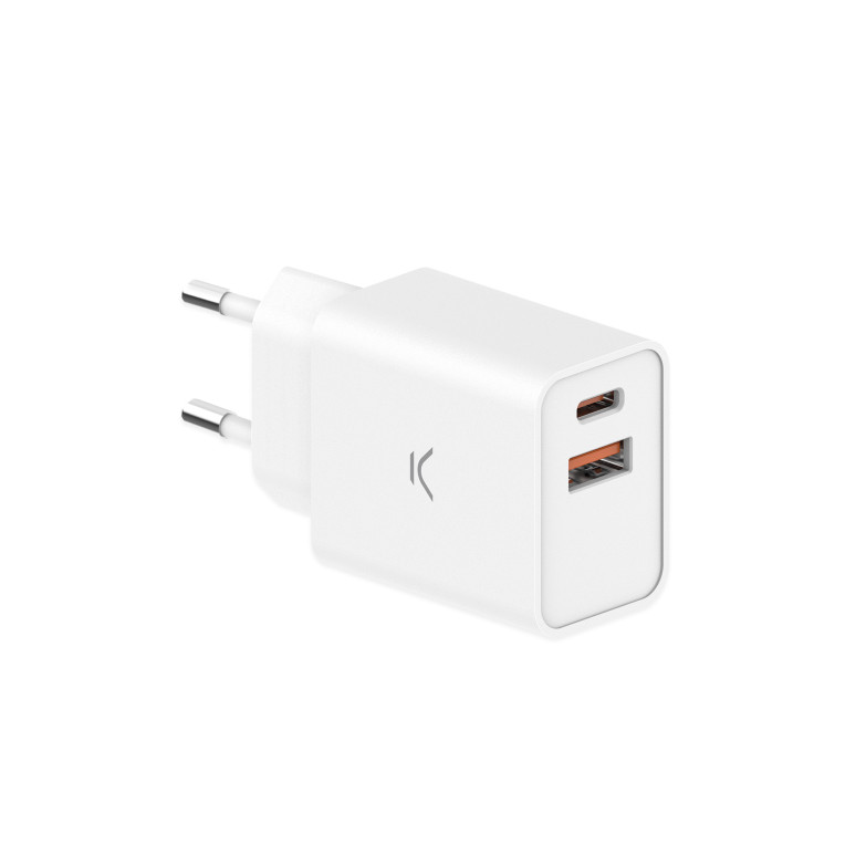 Cargador de red Ksix 30 W, PPS, Power Delivery, Carga ultra rápida, Multipuerto 1 x USB-C + 1 x USB-A, Blanco