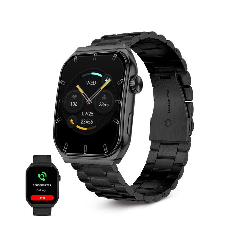 Smartwatch Ksix Olympo, Pantalla AMOLED 1,96”, 2 correas, Aut. 5 días, Modos deporte y salud, Llamadas, Asistentes voz, Negro