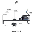 Máquina de remo HEAD, Pantalla LCD, Sistema resistencia con agua, Tanque 10 l, Compatible Kinomap, Zwift, 32 niveles, Negro
