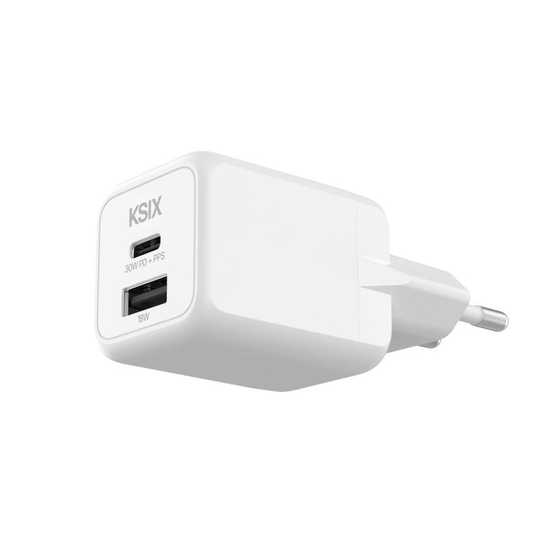 Cargador de red KSIX 30W, GaN, PPS, Power Delivery, Materiales sostenibles, 1 x USB-C + 1 x USB-A, Blanco