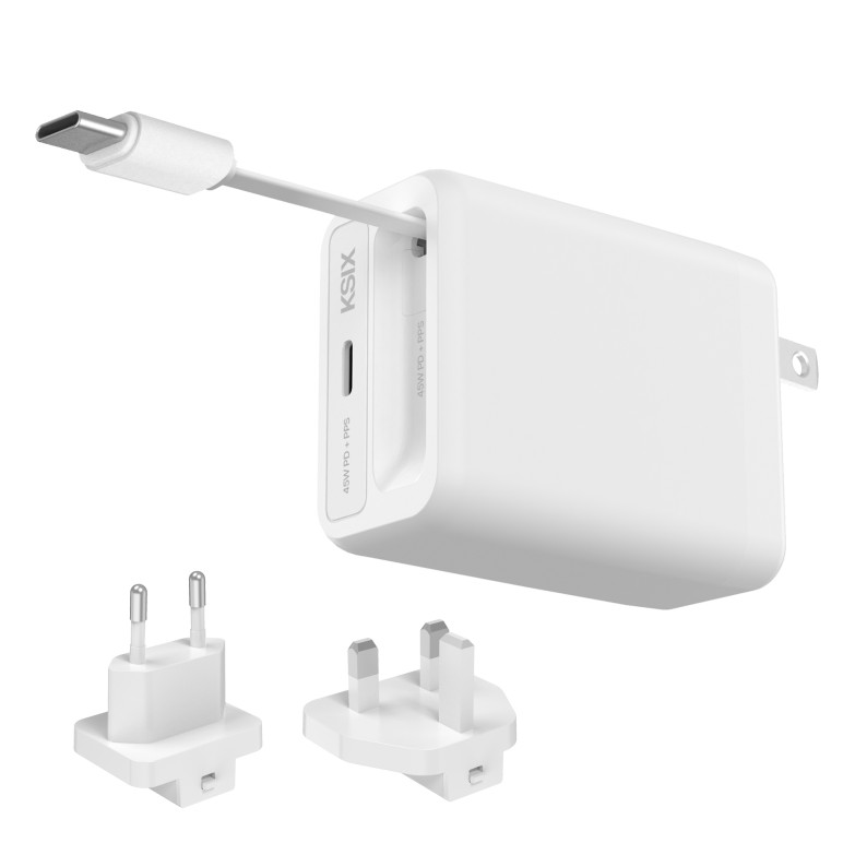 Cargador de red KSIX 45W, GaN, PPS, Power Delivery, cable retráctil 70cm y cabezales USA, UK, EU, Materiales sostenibles, Blanco
