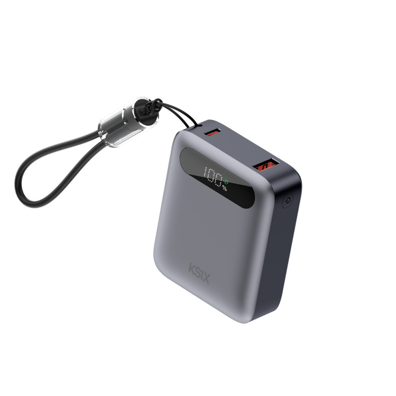 KSIX 10,000 mAh Powerbank, 22.5W Fast Charging PD, Simultaneous Charging, Convertible USB-C + Loop Cable, LED Display, Black