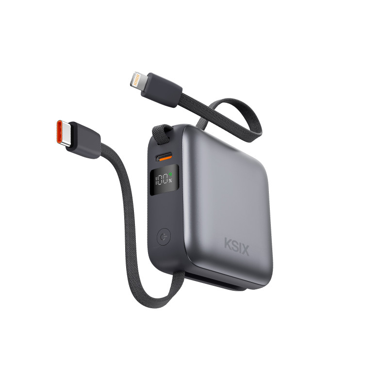 KSIX 10,000 mAh Powerbank, 22.5W Fast Charging Power Delivery, Integrated USB-C and Lightning Cables, LED Display, Black