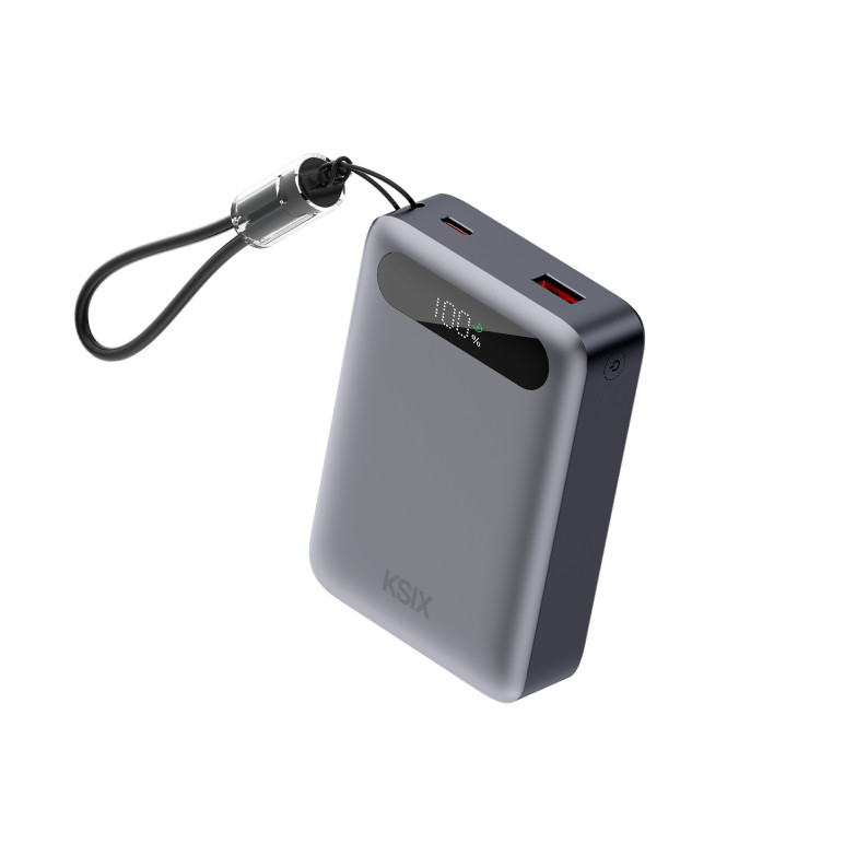 KSIX 20,000 mAh Powerbank, 22.5W Fast Charging PD, Simultaneous Charging, Convertible USB-C + Loop Cable, LED Display, Black