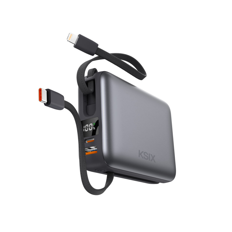 KSIX 20,000 mAh Powerbank, 22.5W Fast Charging PD, Integrated USB-C and Lightning Cables, LED Display, Black