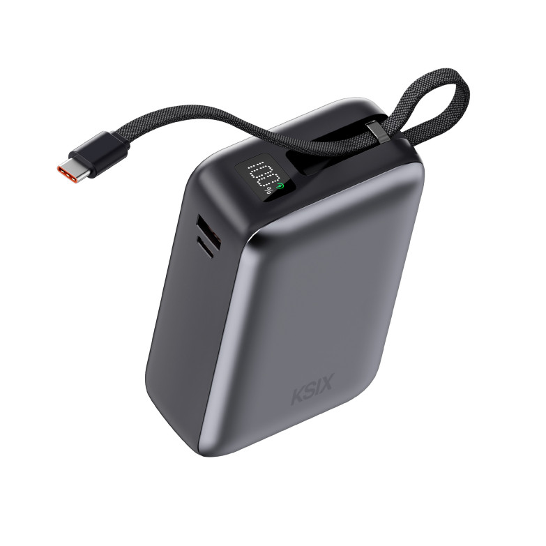KSIX 30,000 mAh Powerbank, 65W Fast Charging PD, Laptop Charging, Integrated USB-C Cable, LED Display, Black
