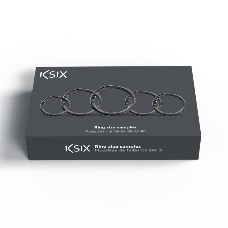 Estuche con anillos de muestra KSIX Saturn, guia de tallas, 5 testers