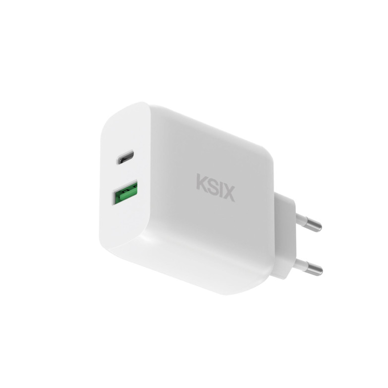KSIX GaN 65W wall charger, PPS, Power Delivery, Ultra fast charge, Laptop and phone compatible, 1xUSB-A + 1xUSB-C, White