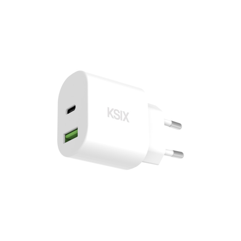 KSIX 20W Wall Charger, Power Delivery, Fast Charging, GaN, USB-C + USB-A, White