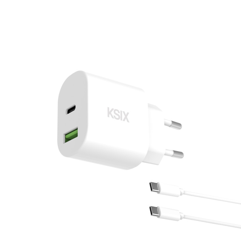 Cargador de red 20W KSIX, Power Delivery, Carga rápida, GaN, USB-C + USB-A, Cable USB-C a USB-C 1 m, Blanco